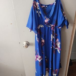 Flower print off the shoulder blue dress